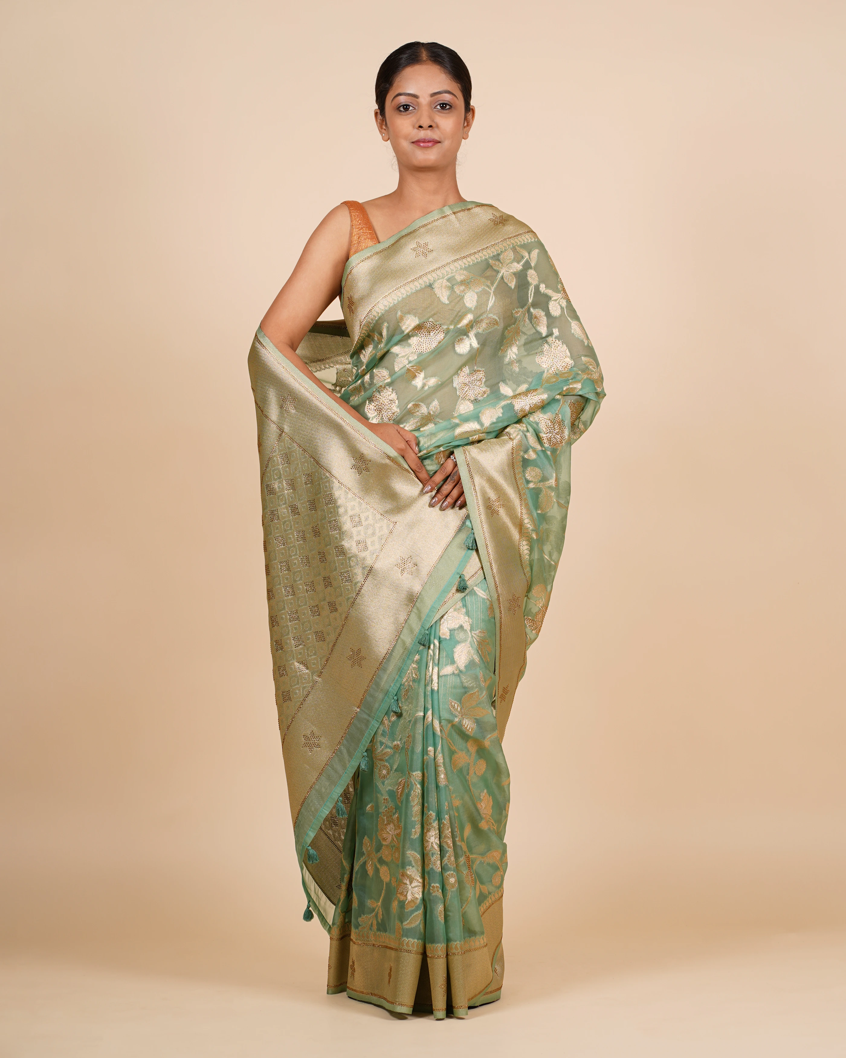 Soft Kora Stone Work  Dusty Green Saree