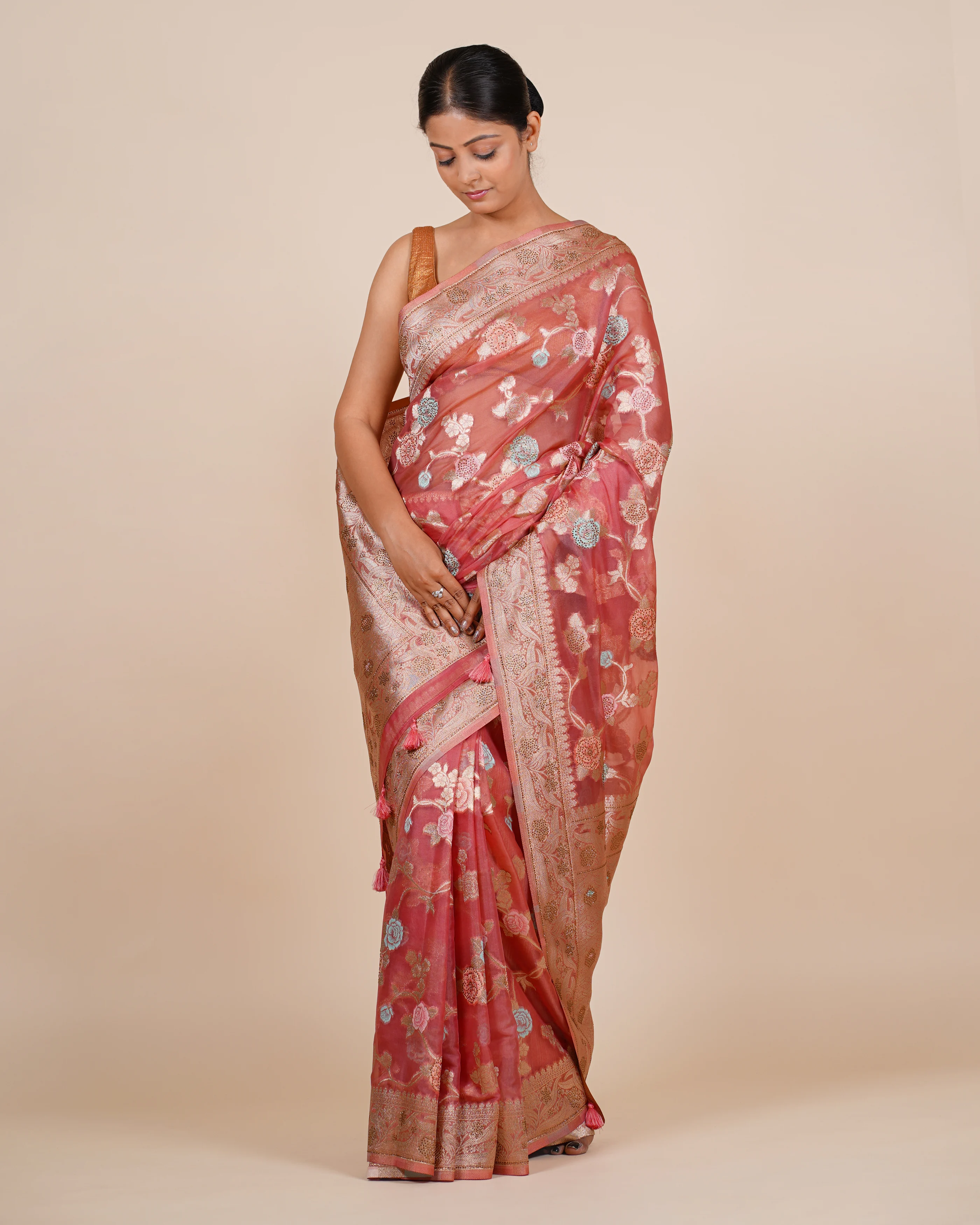 Soft Organza Stone Work Light Peach Saree