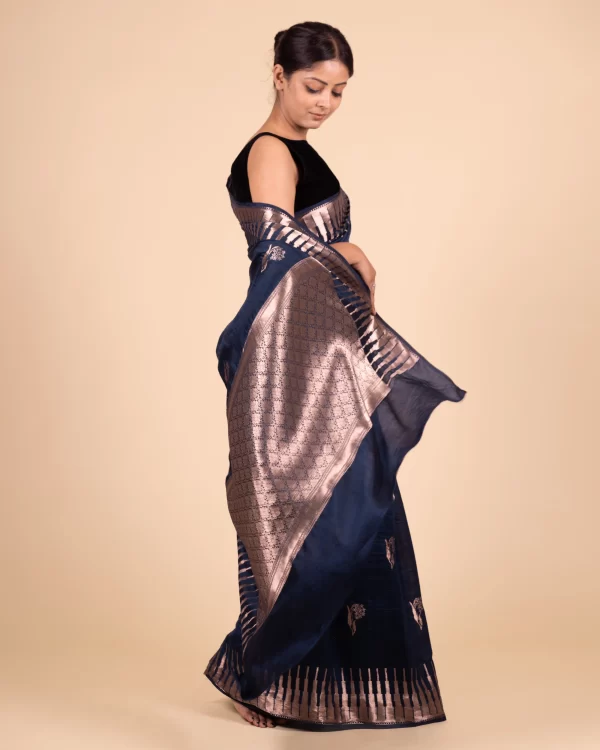 Evening Glam Floral German Blue Chiniya Saree - Image 4