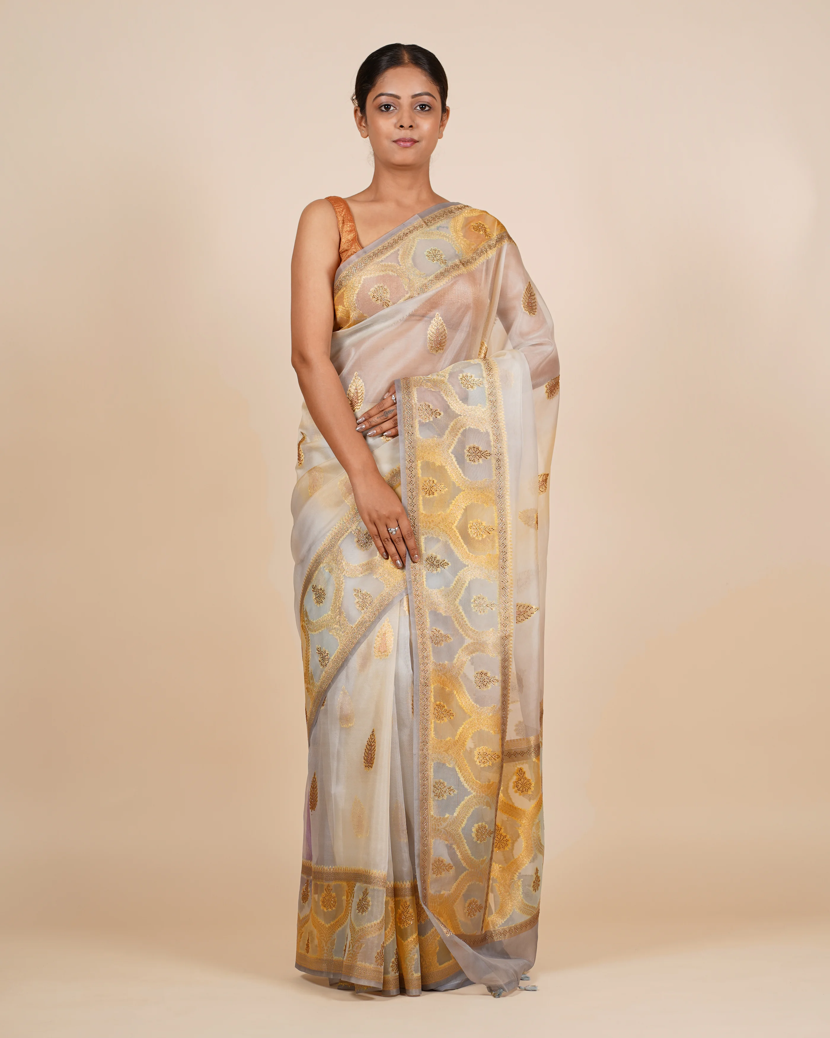 Evening Soirees Hand Embroidery Raw Silk Cement Saree