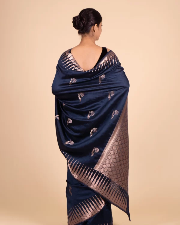 Evening Glam Floral German Blue Chiniya Saree - Image 5