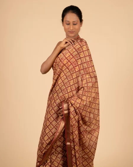 Everyday Comfort Floral Print Rust Tissue Saree