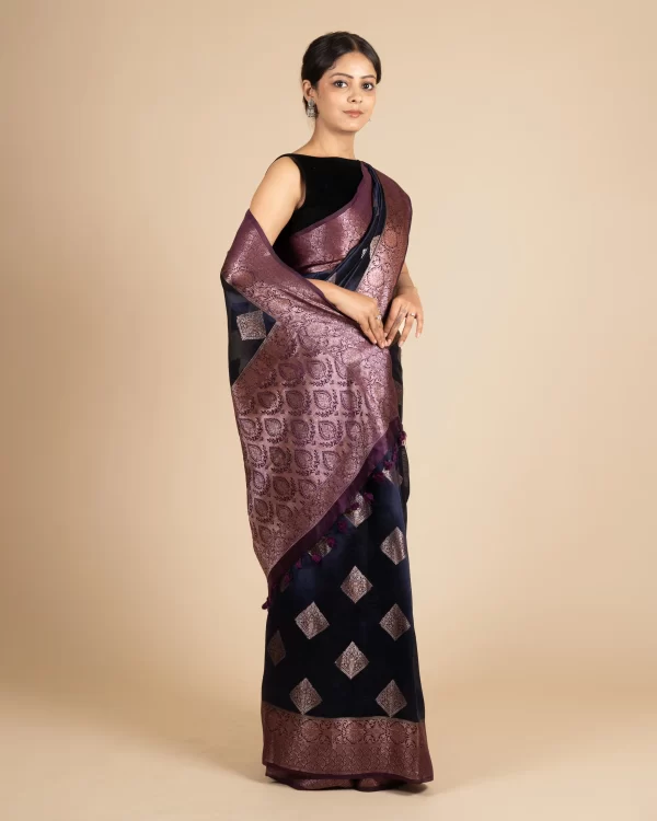 Everyday Comfort  Floral Weaving Navy Dupion Silk - Image 3
