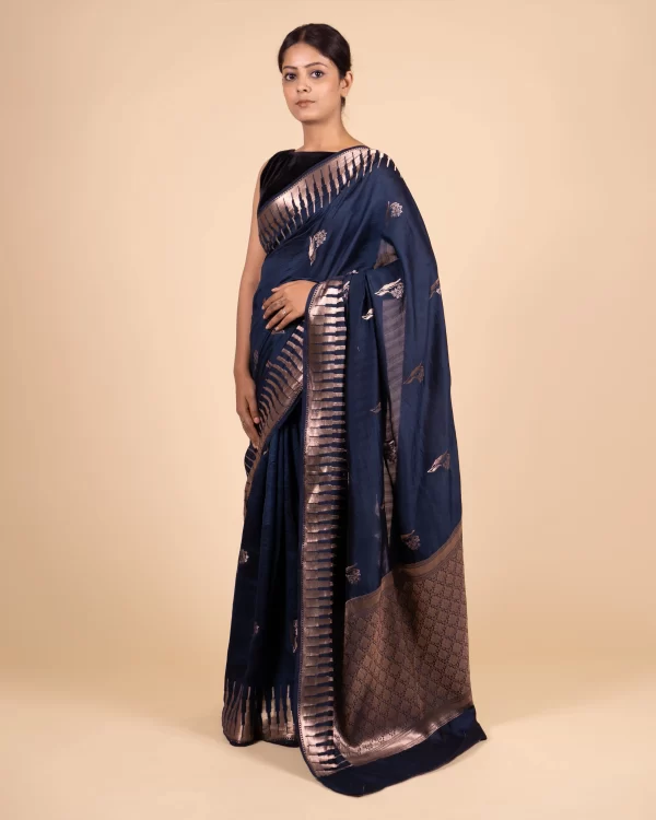 Evening Glam Floral German Blue Chiniya Saree - Image 2