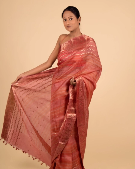 Everyday Comfort  Geometrical & Floral Border Light Peach Kora Saree