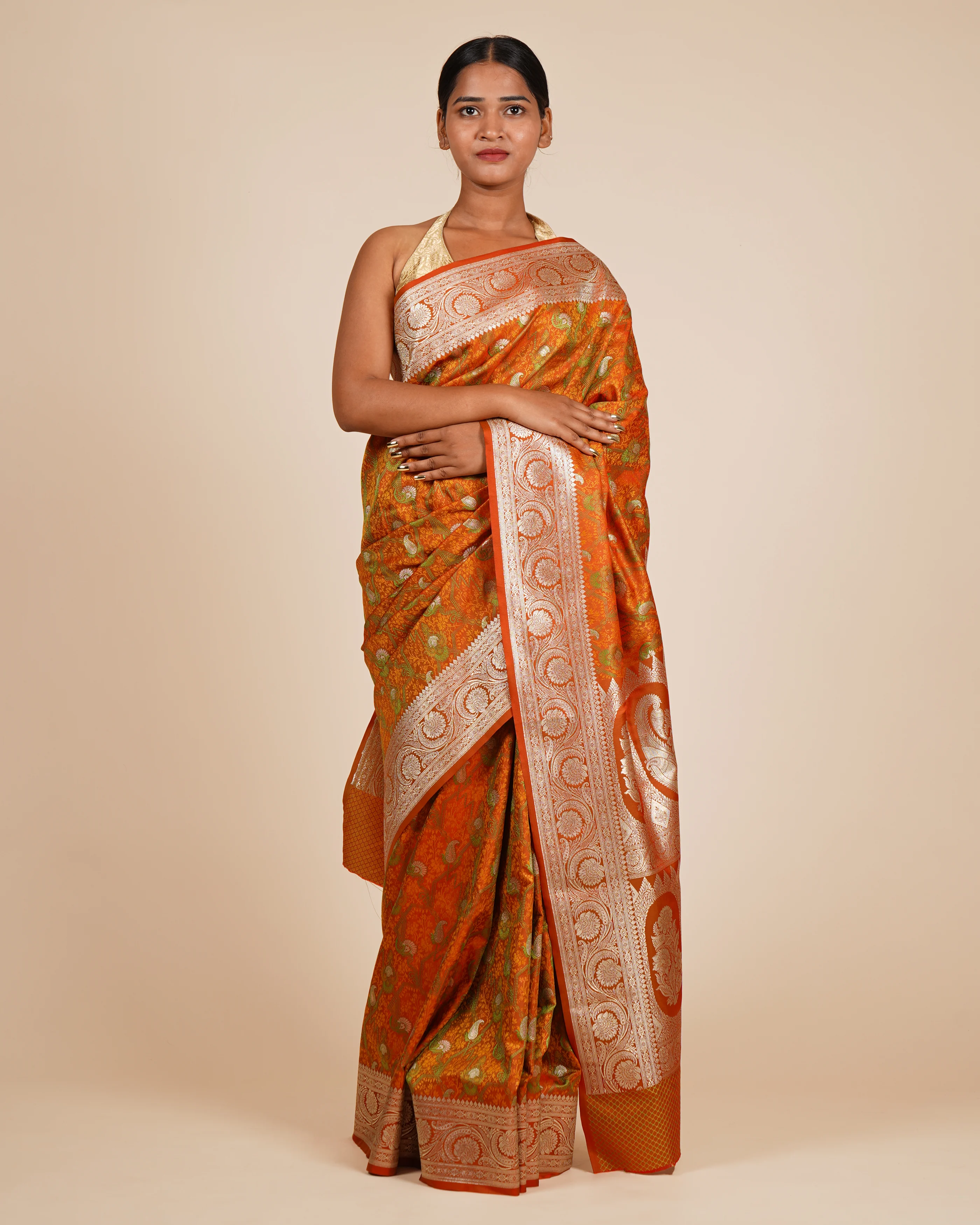 Evening Glam Pisley & Floral Orange Silk Saree