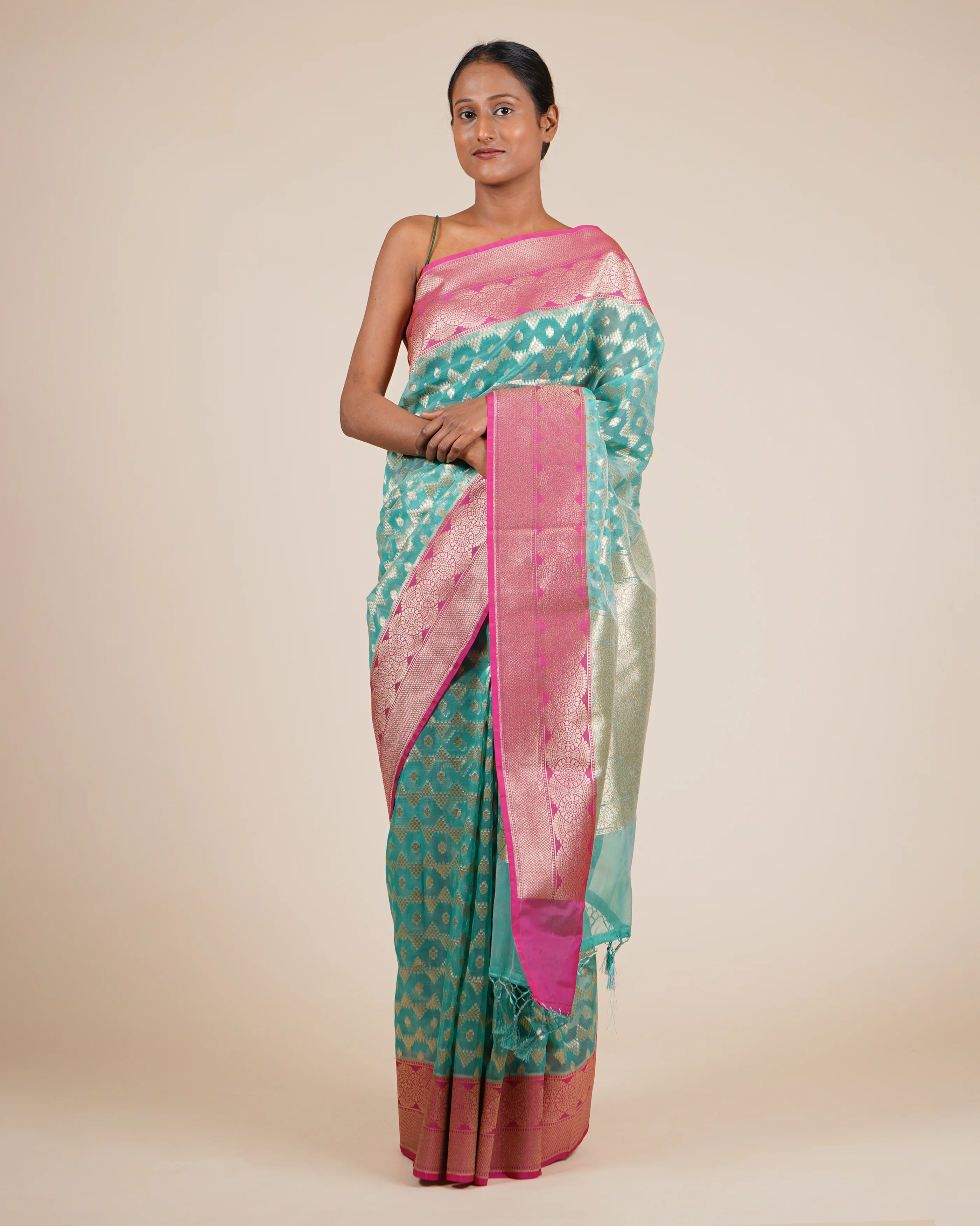 Soft Organza Sea Green Kora Saree