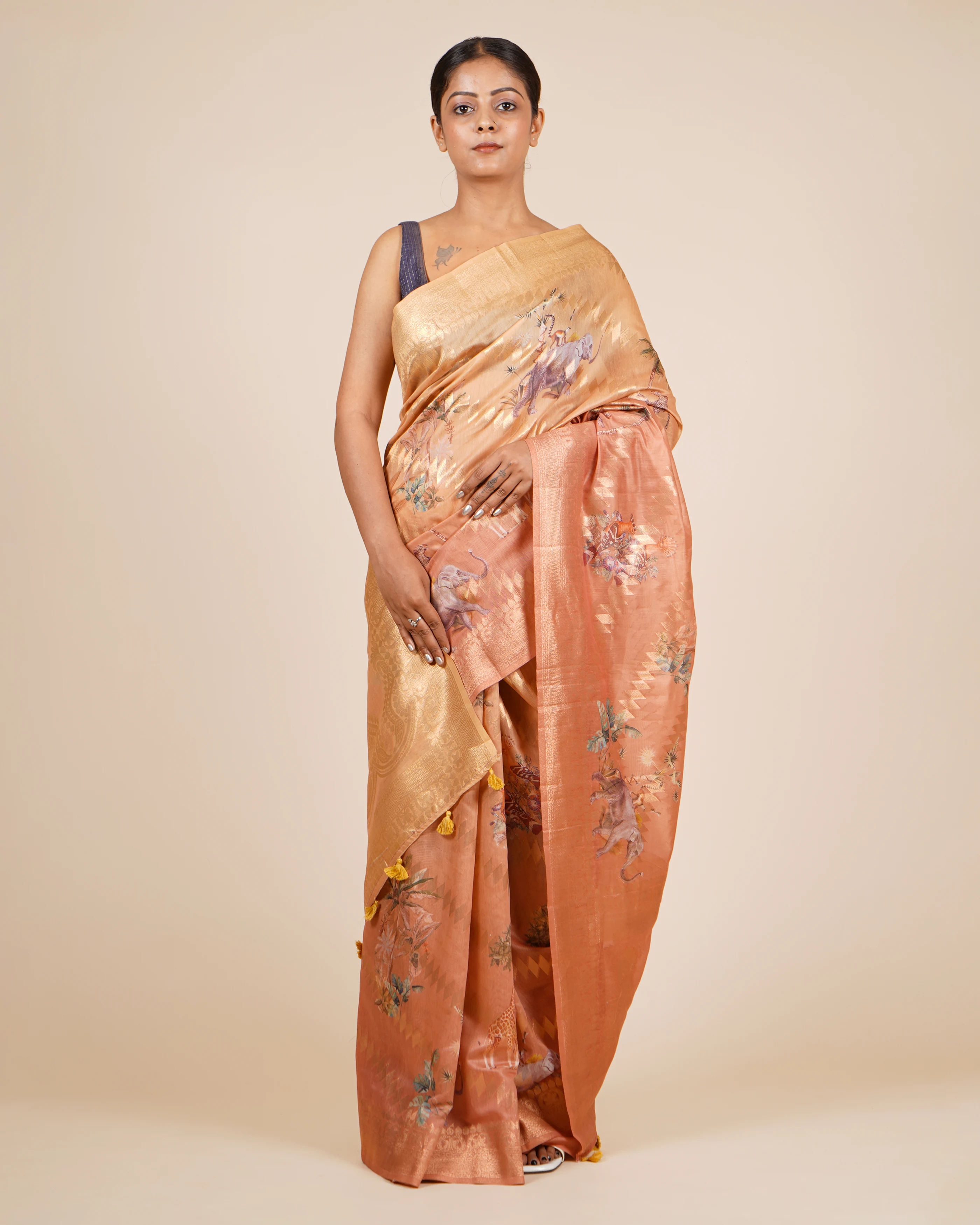 Everyday Comfort  Animal & Bird Peach Linen Saree