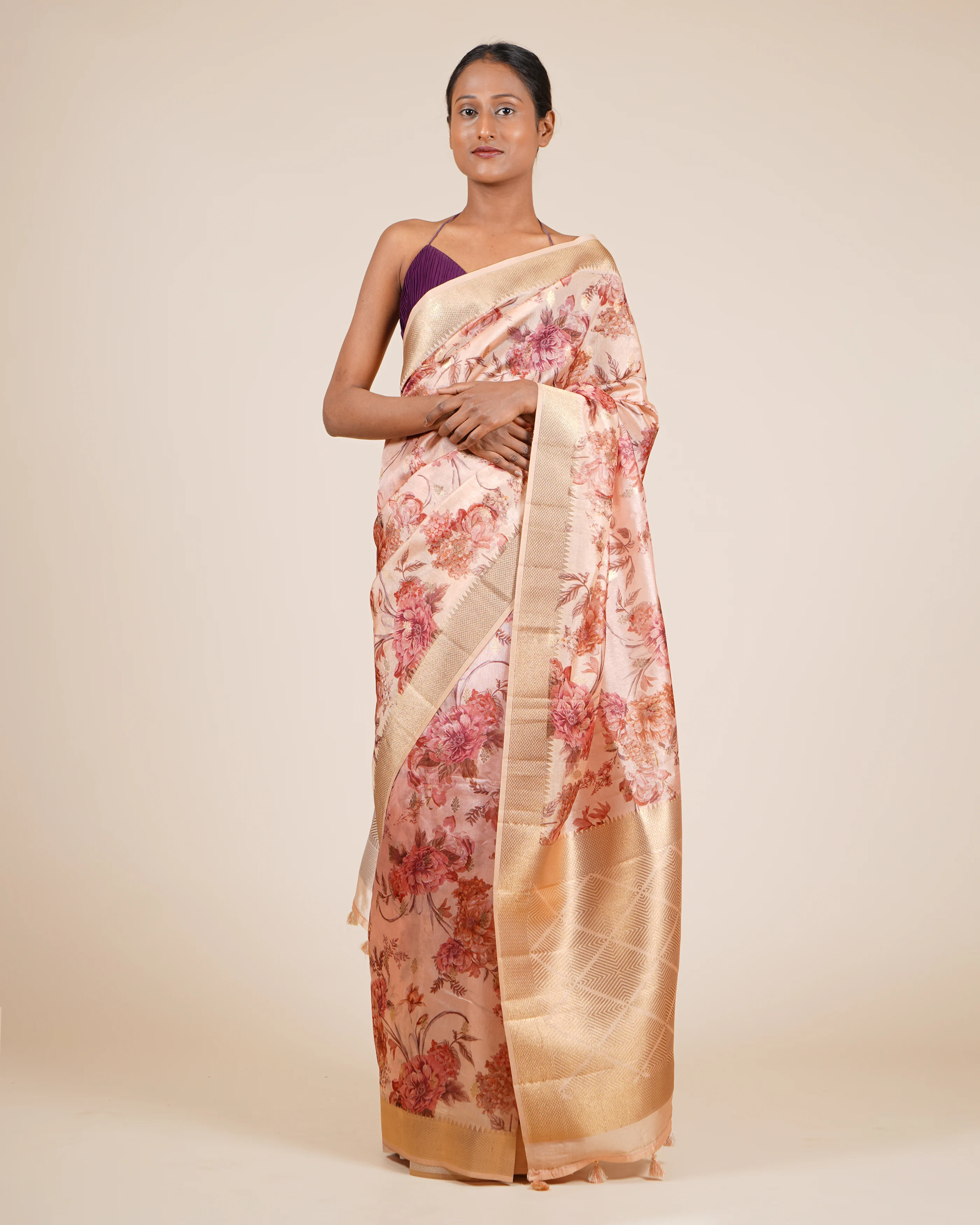 Everyday Comfort  Floral Peach Linen Saree