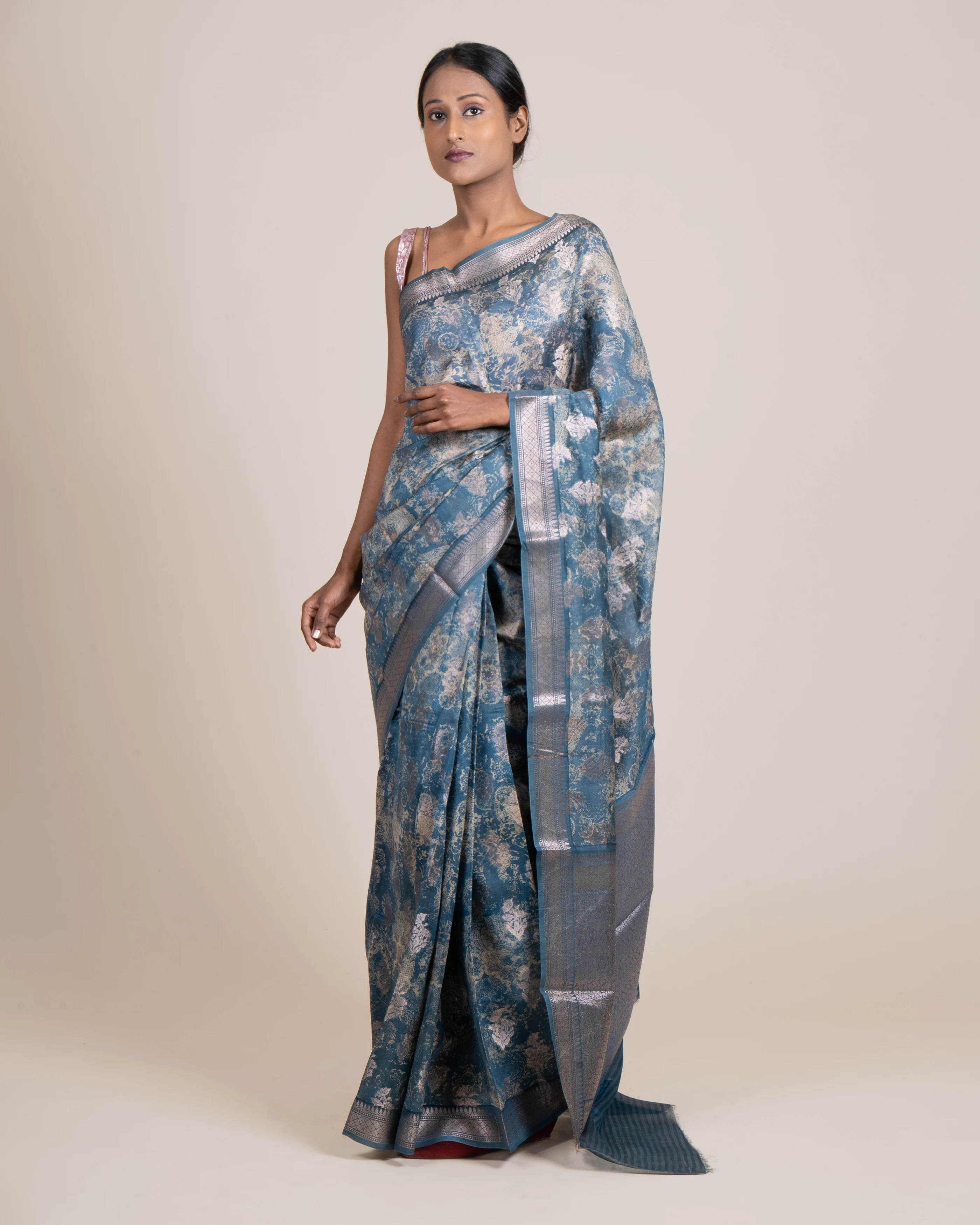 Everyday Comfort  Floral Buta Dusty Blue Chanderi Saree