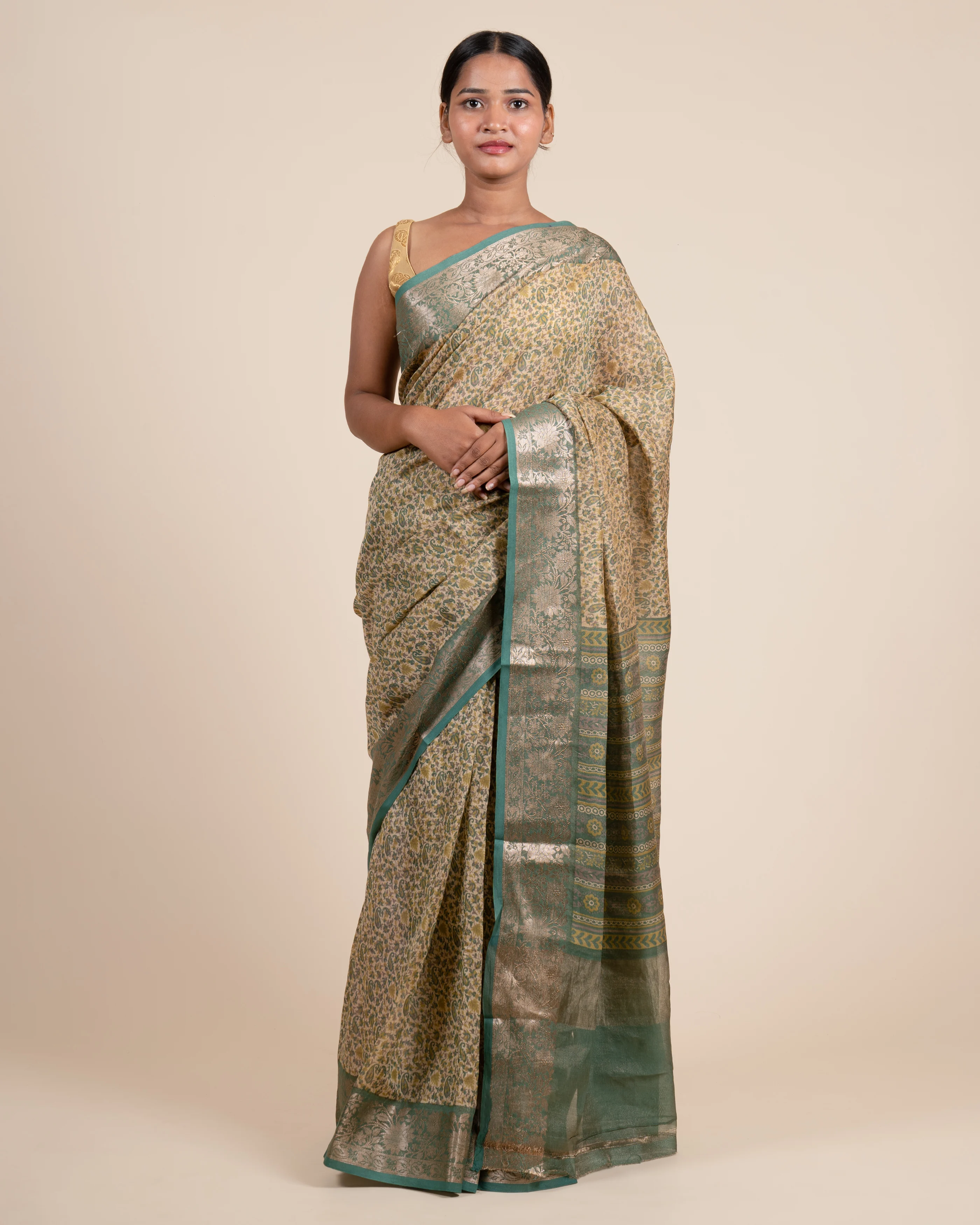 Everyday Comfort  Pisley Prints Chickoo Tissue Saree