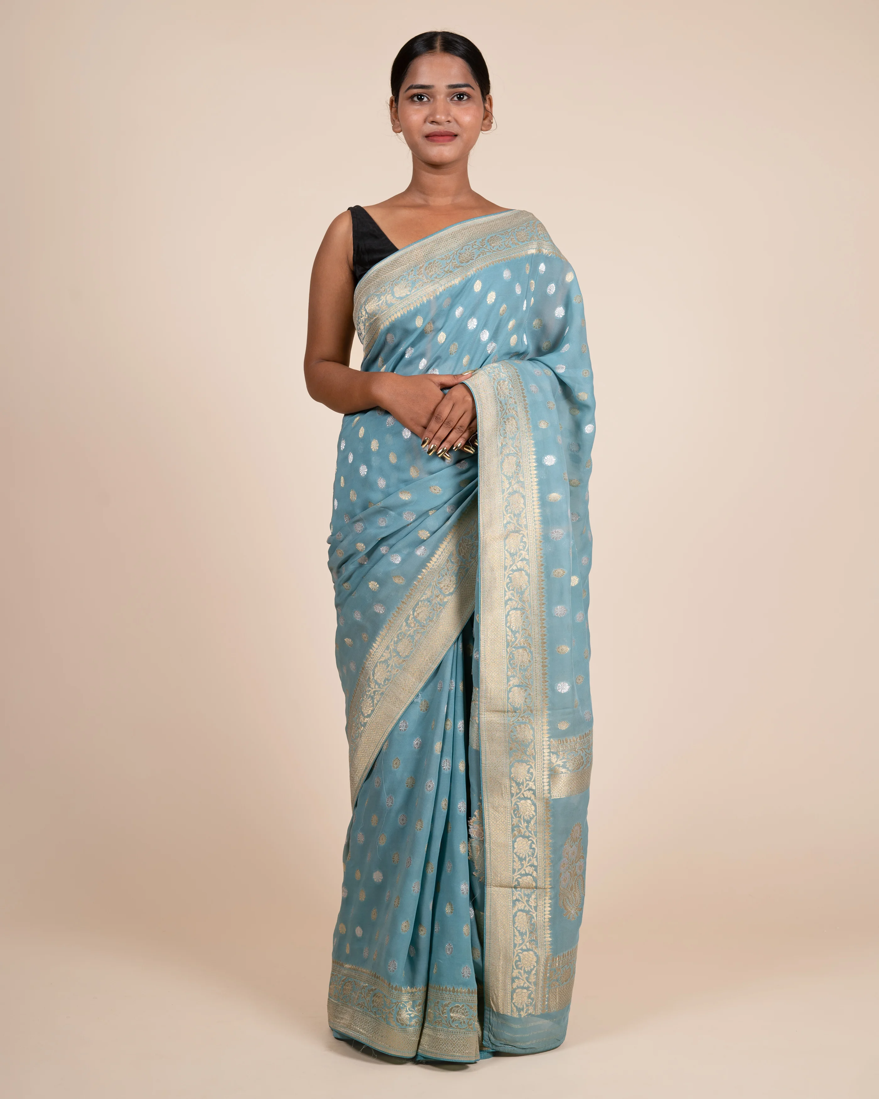 Pastel Dreams Butti Light Blue, Firozi Viscose Saree