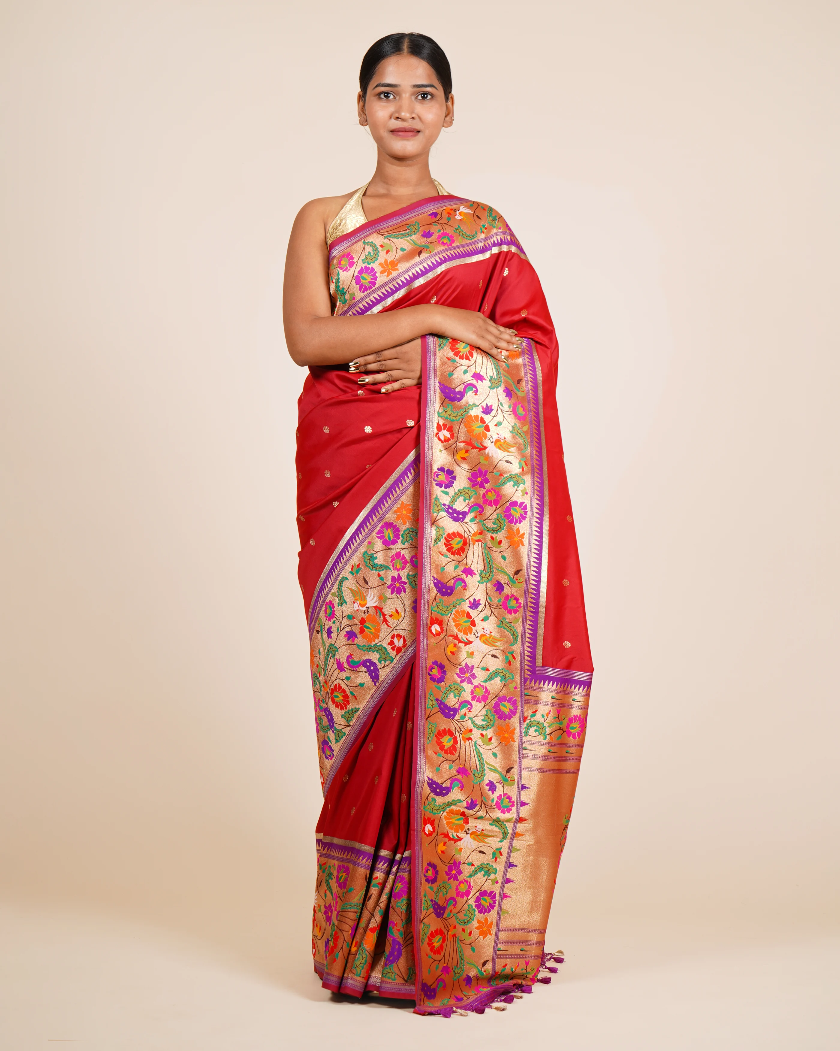 Evening Glam Paithani Red Silk Saree